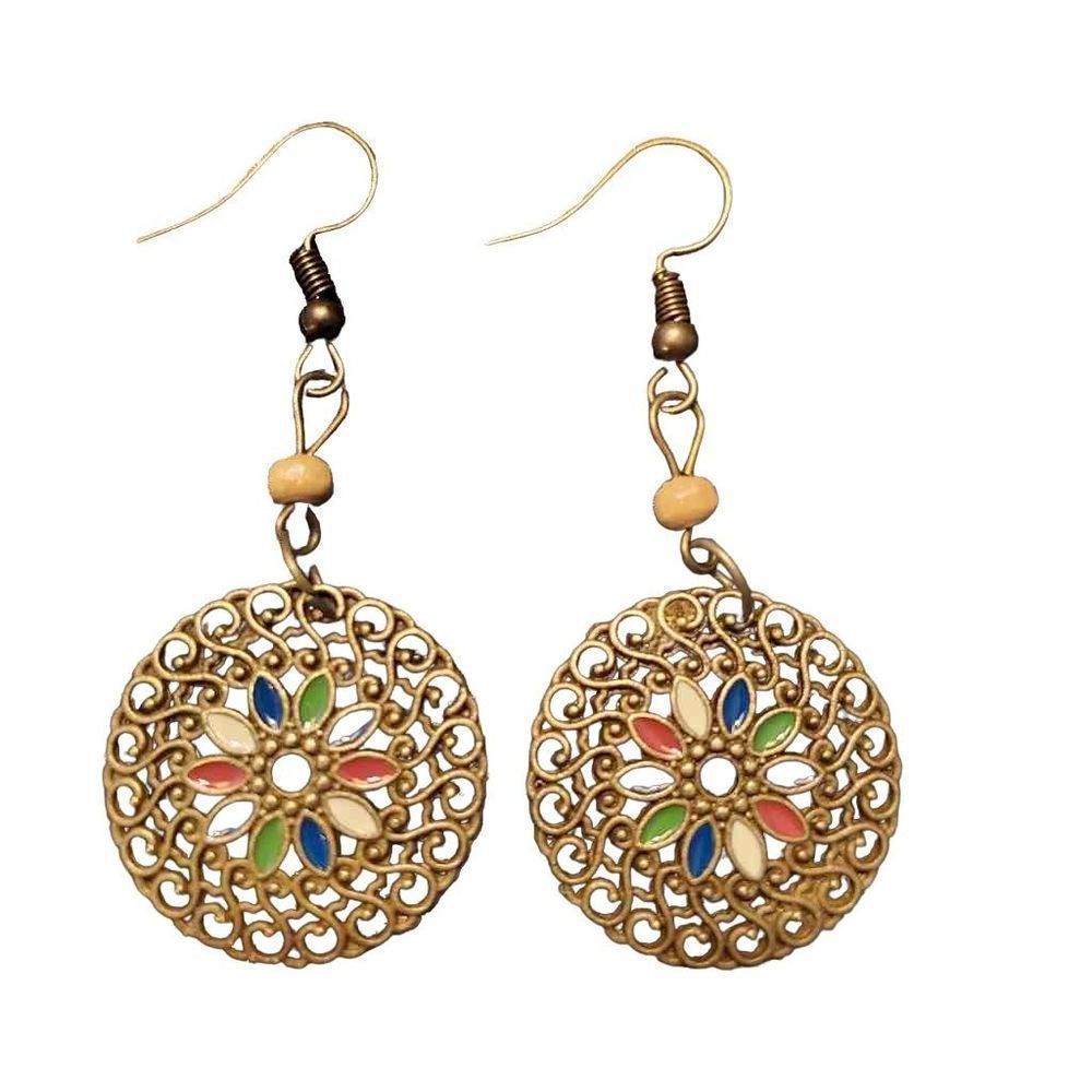 Bohemian Bronze Multi-Colored Enameled Dangle Earrings